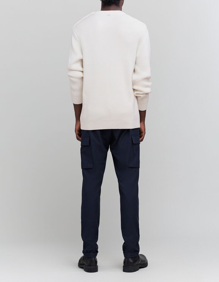 Pull blanc cass&eacute; tricot boutons &eacute;paule Homme-5