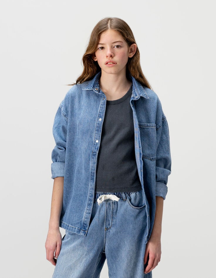 Camisa vaquera azul oversize niña-2