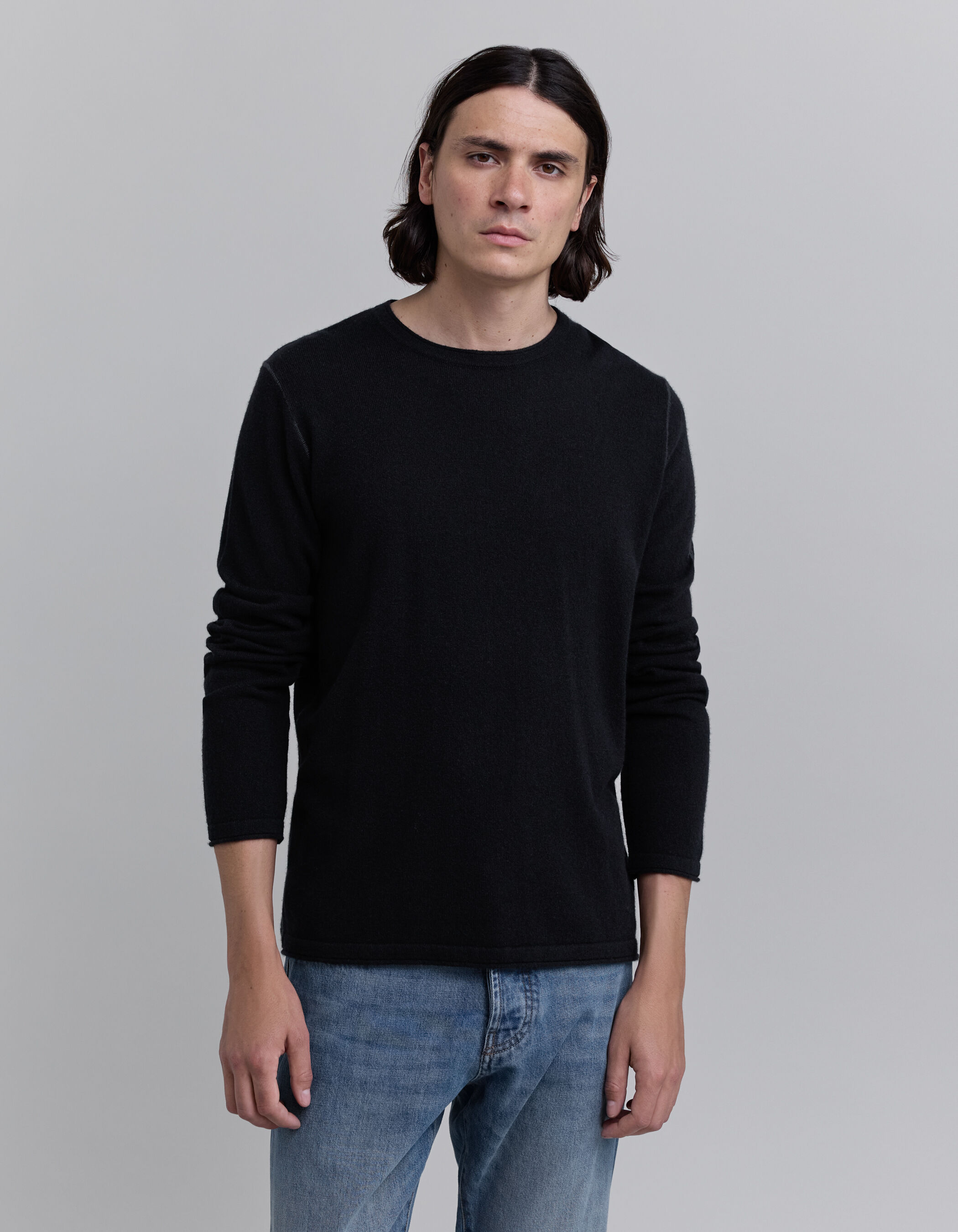 Men s black pure cashmere round collar sweater IKKS