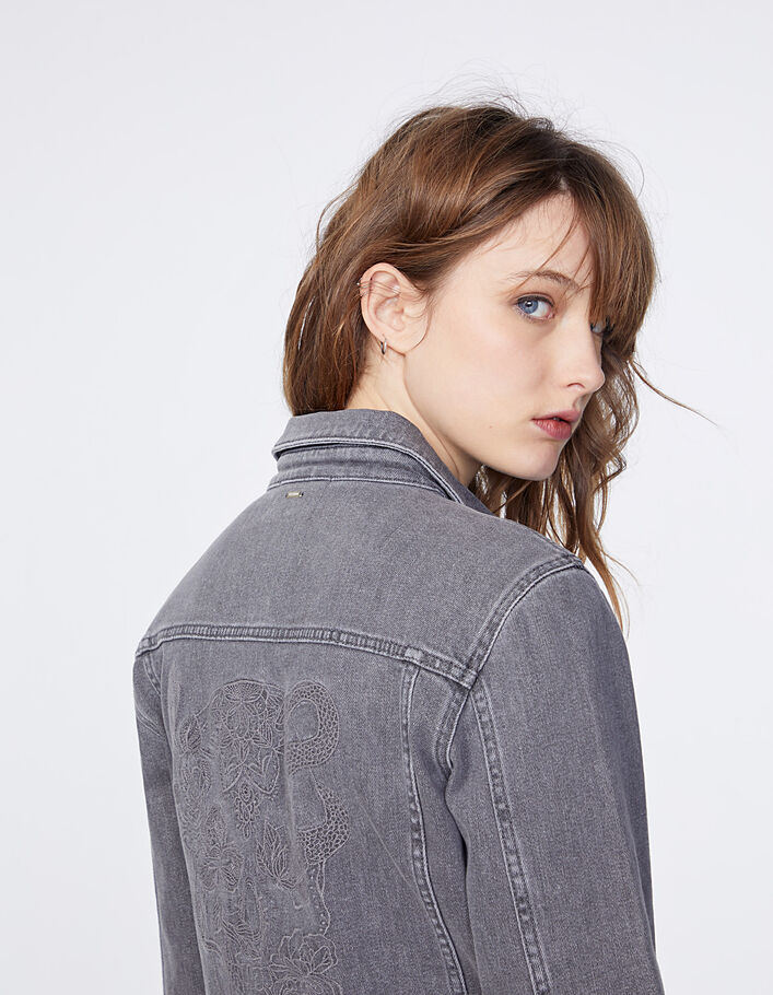 Women’s grey denim short jacket embroidered on back - IKKS