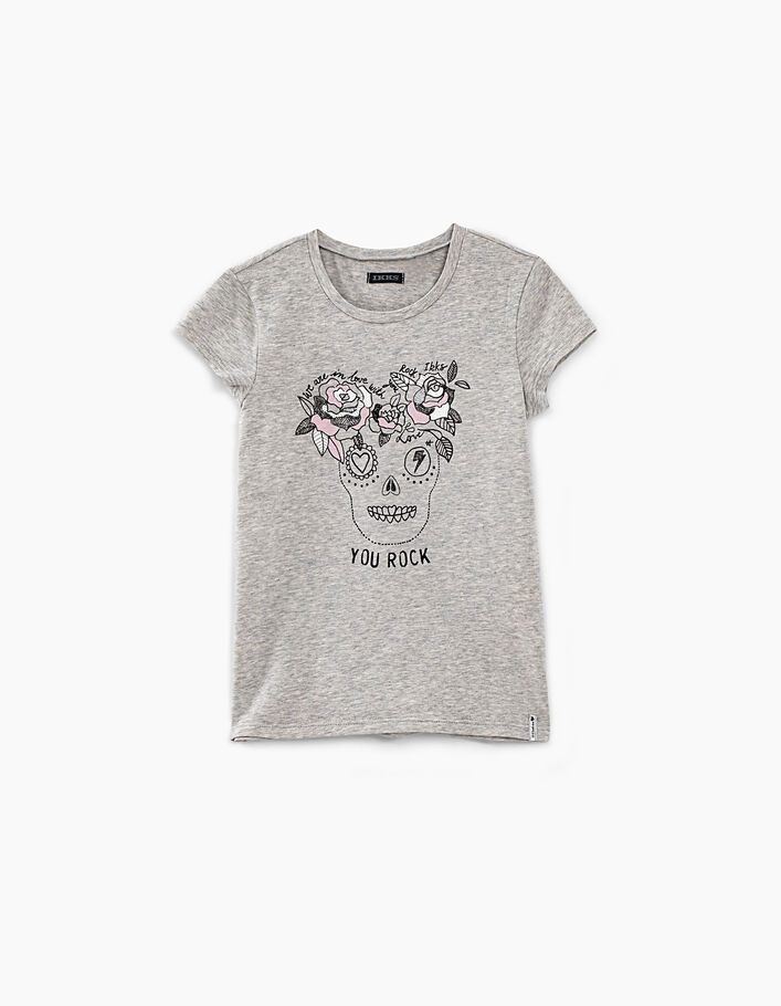 Tee-shirt gris chiné moyen visuel skull fleurs fille - IKKS