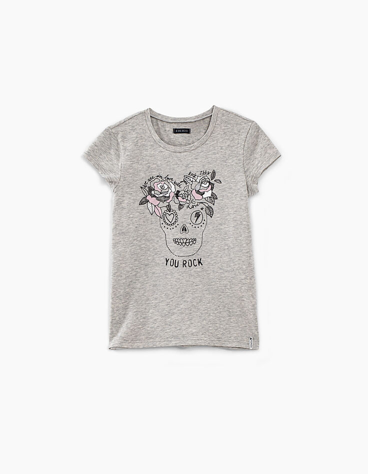 Tee-shirt gris chiné moyen visuel skull fleurs fille-2 Tee-shirt gris chiné moyen visuel skull fleurs fille-2