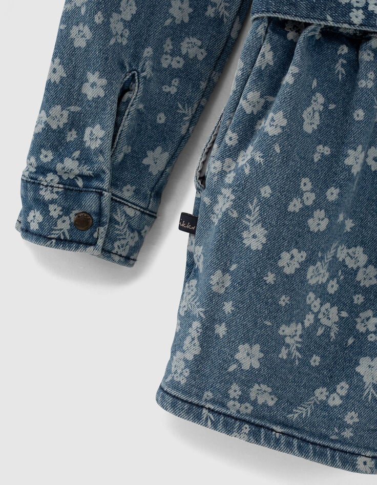 Kurzer Medium Blue M&auml;dchenjeansoverall mit Blumenprint-5