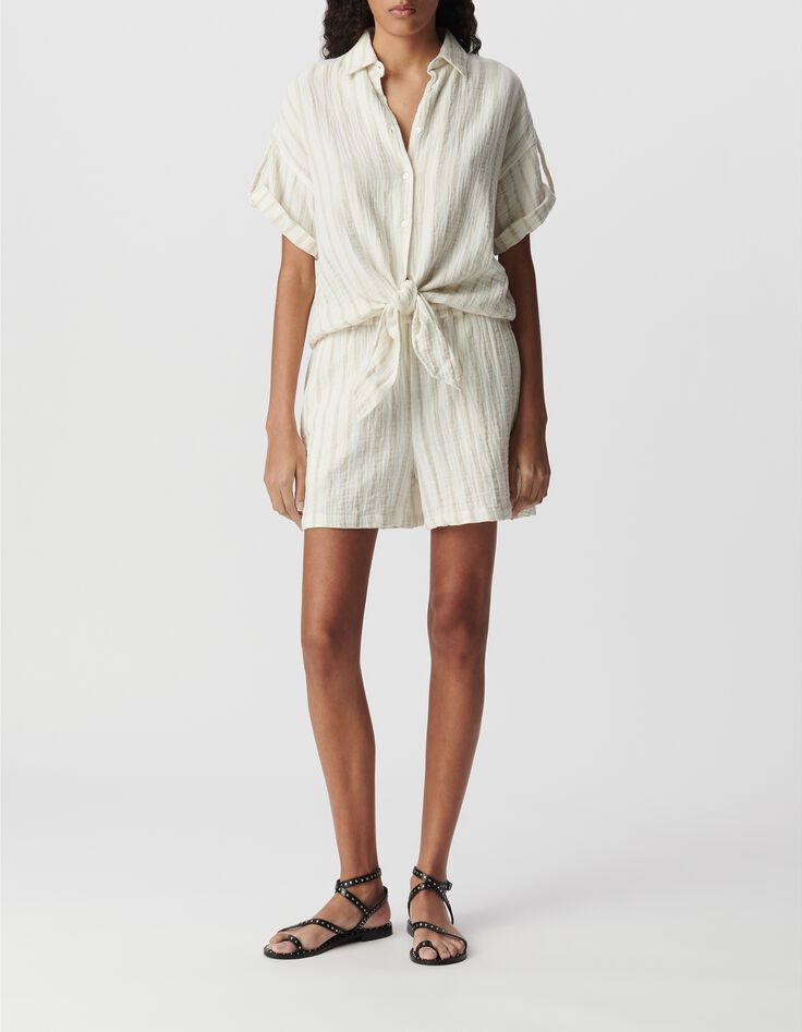 Chemise &eacute;crue gaze de coton rayures beiges Femme-1