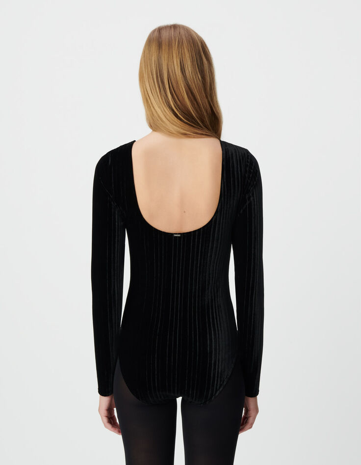 Women’s black pleated velvet knit bodysuit-4 Women’s black pleated velvet knit bodysuit-4
