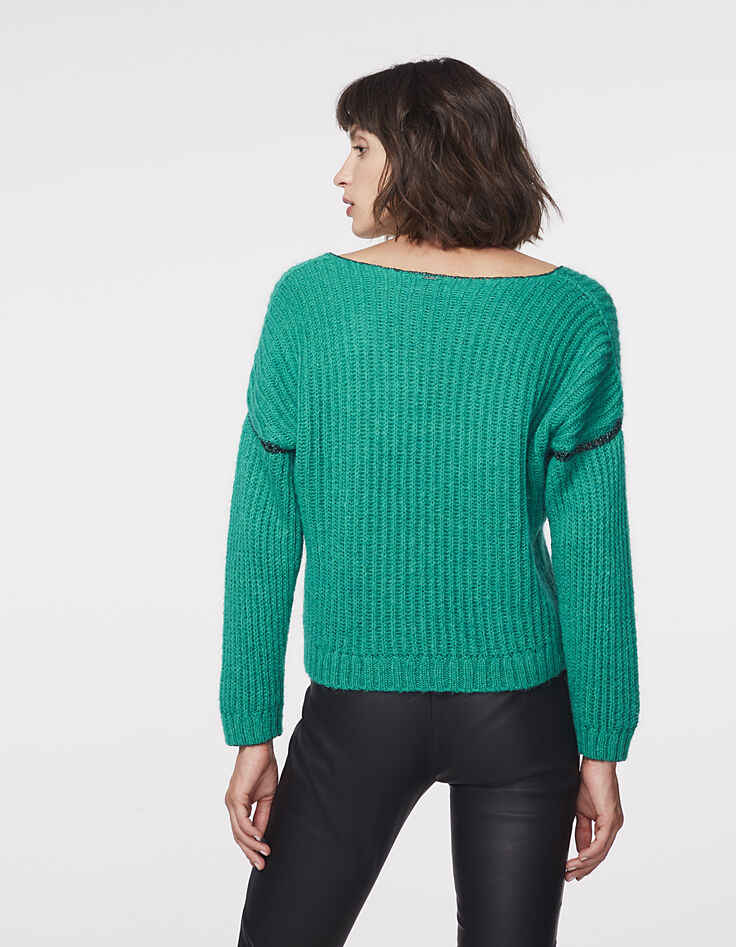 Pull cropped vert en laine mousseuse femme-3