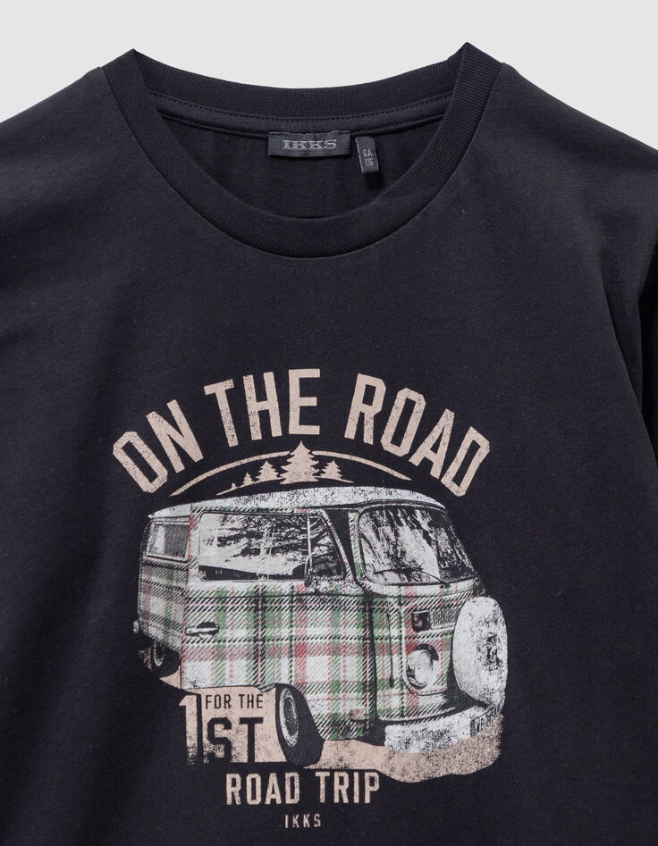 Boys’ black organic cotton T-shirt with printed van image-2