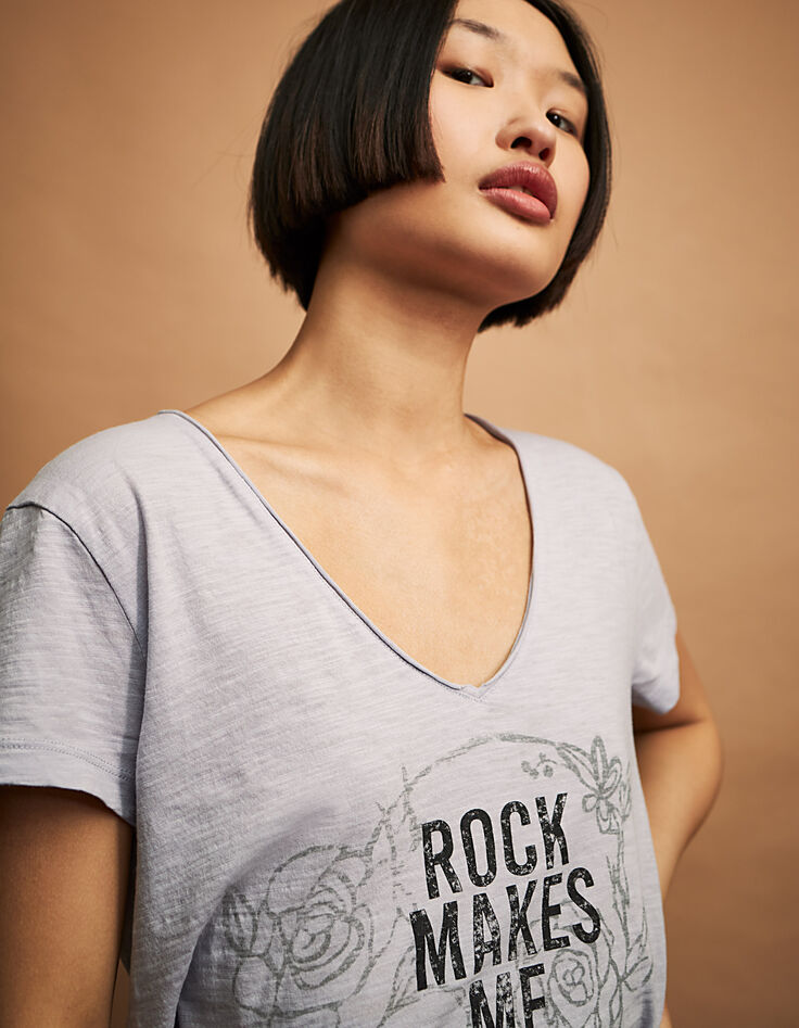 Tee-shirt lilas coton flammé message femme-1