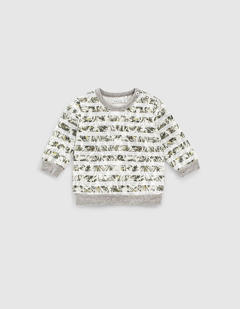 Sweat gris imprimé feuillage rayé blanc bébé garçon 