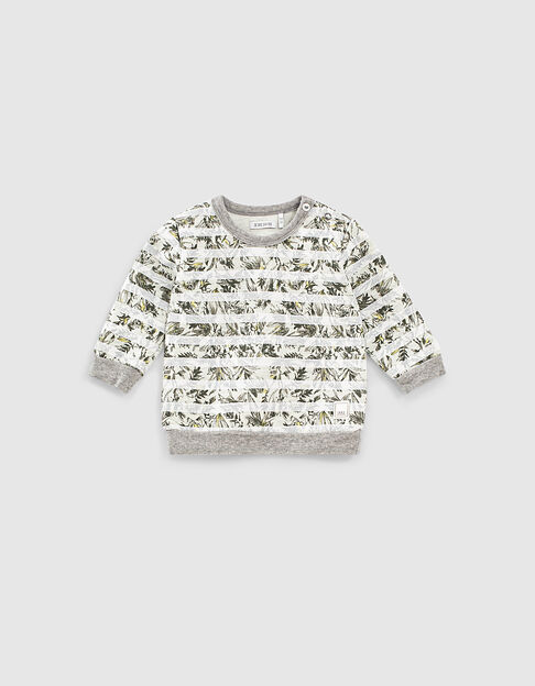 Sweat gris imprimé feuillage rayé blanc bébé garçon  - IKKS