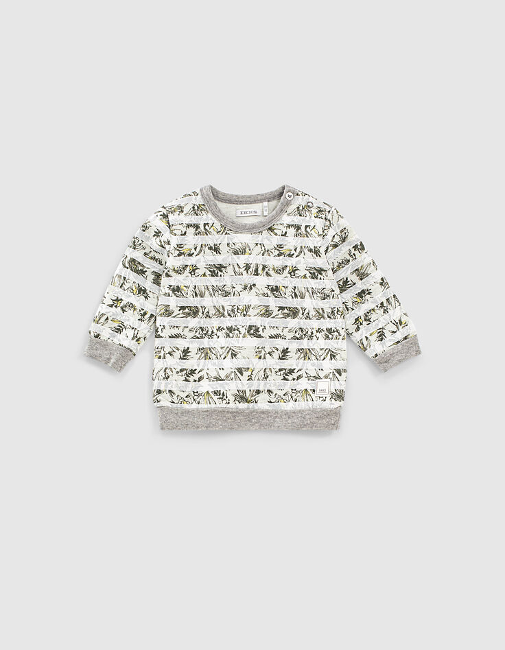 Sweat gris imprimé feuillage rayé blanc bébé garçon -1 Sweat gris imprimé feuillage rayé blanc bébé garçon -1