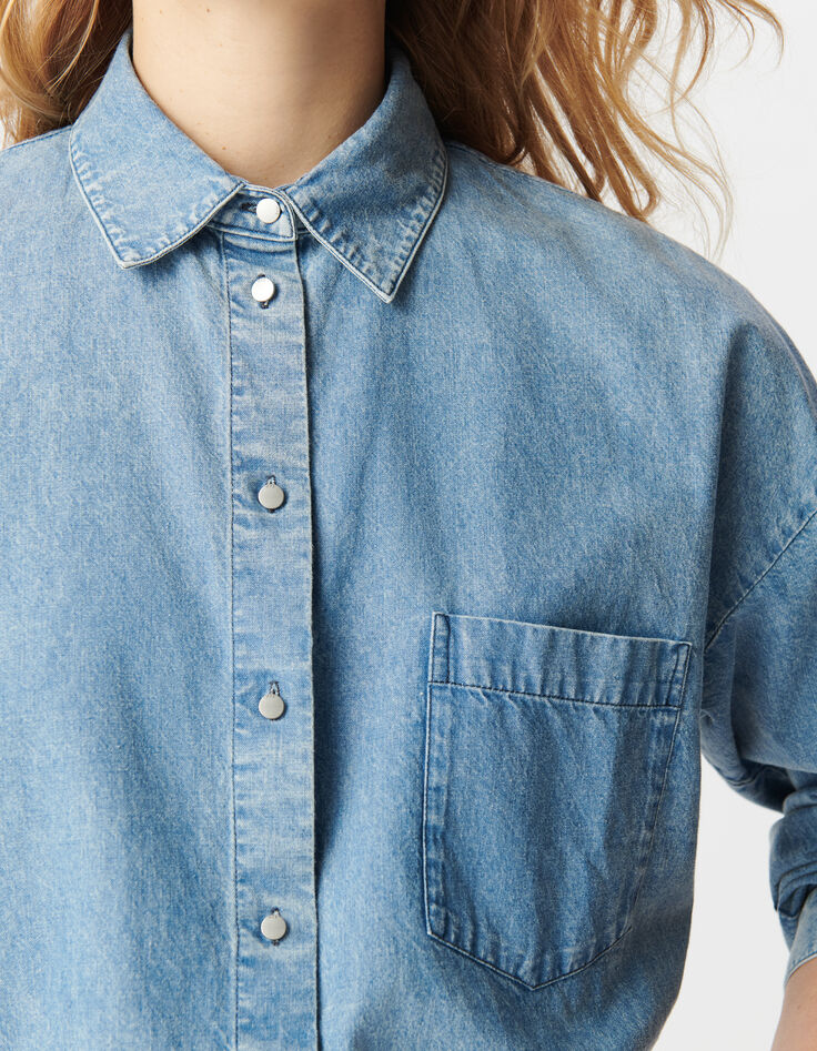 Chemise manche longue en jean bleu coton bio loose Femme-5
