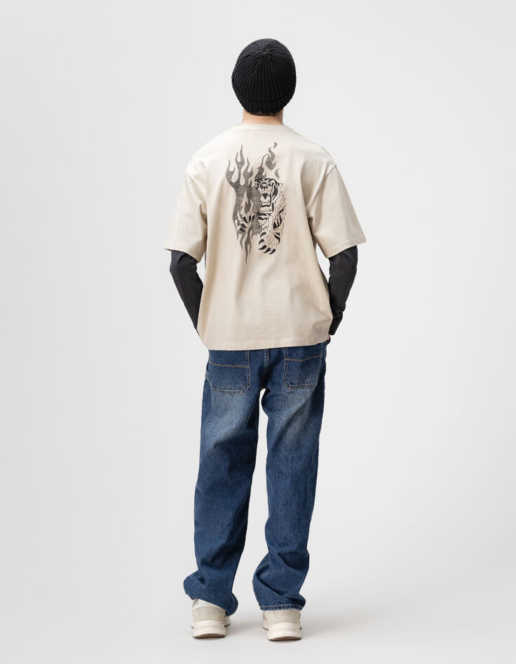 Camiseta beige algodón mangas trampantojo niño-2