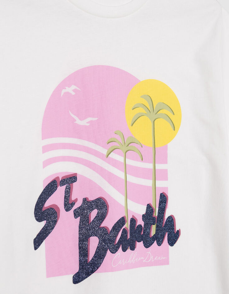 Camiseta blanca algod&oacute;n org&aacute;nico visual palmeras y sol Mujer-7