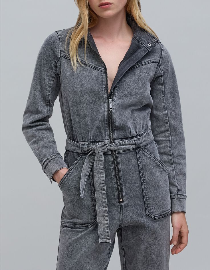 Mono vaquero gris con cremallera para mujer-6