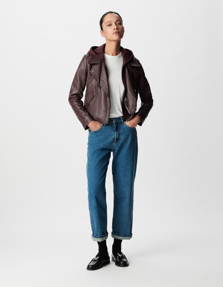 Chaqueta cuero burdeos motera capucha extraíble mujer-1
