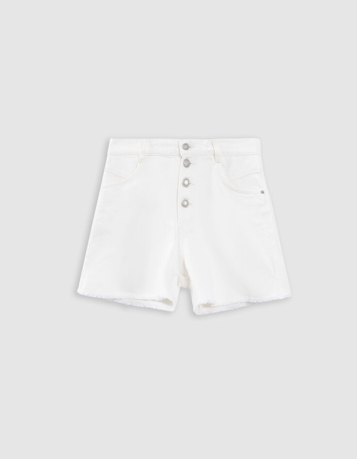 Damen-Shorts aus wei&szlig;er Bio-Baumwolle mit hoher Taille und Fransen-5