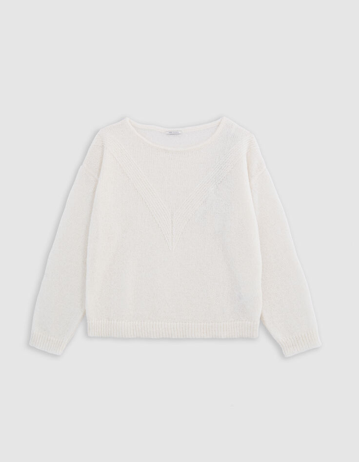 Pull écru tricot jeu de points chevron Femme-6