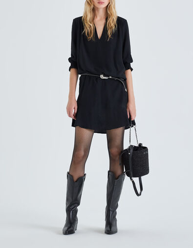 Vestido negro raso reciclado cintura cordón ajuste mujer - IKKS