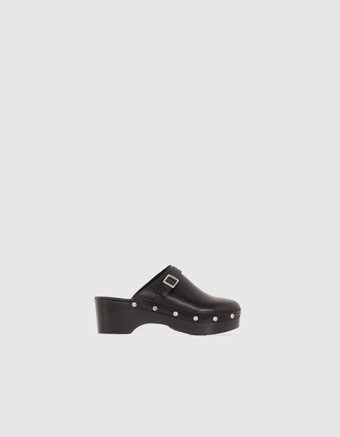 Women’s black studded leather clogs with wooden heel