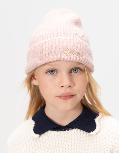 Bonnet rose tricot pailleté brodé fleurs fille - IKKS