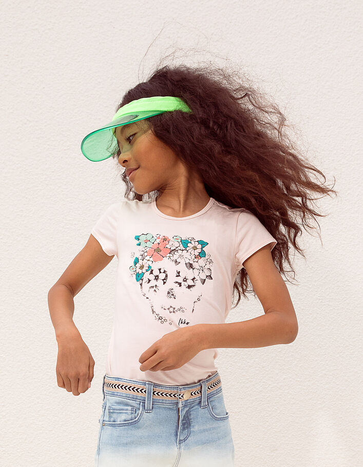 Girls’ blush T-shirt with skull and embroidered flowers - IKKS