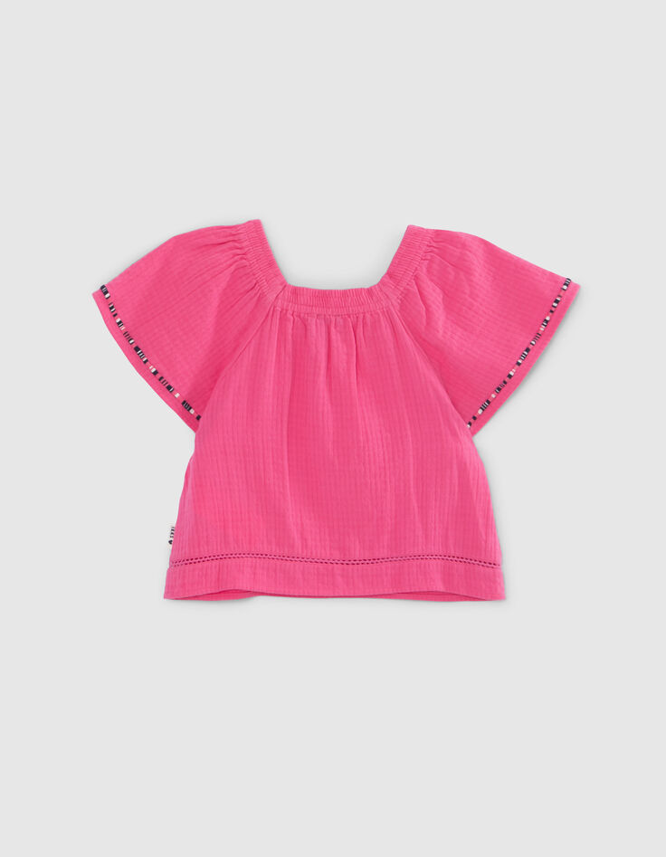 Blouse rose crépon encolure élastiquée fille-3