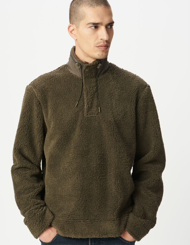 Men’s khaki sherpa knit sweatshirt with zipped neck-2