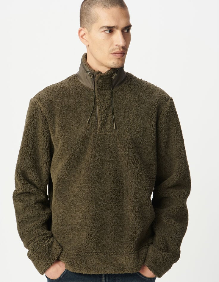 Men’s khaki sherpa knit sweatshirt with zipped neck-2 Men’s khaki sherpa knit sweatshirt with zipped neck-2