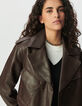 Blouson marron cuir forme trench court Femme-4