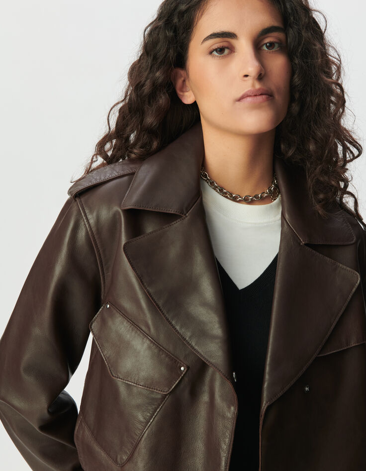 Blouson marron cuir forme trench court Femme-4