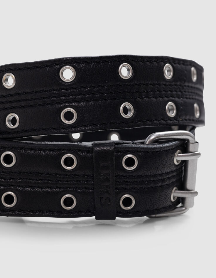 Ceinture noire cuir décor double œillets Femme-2