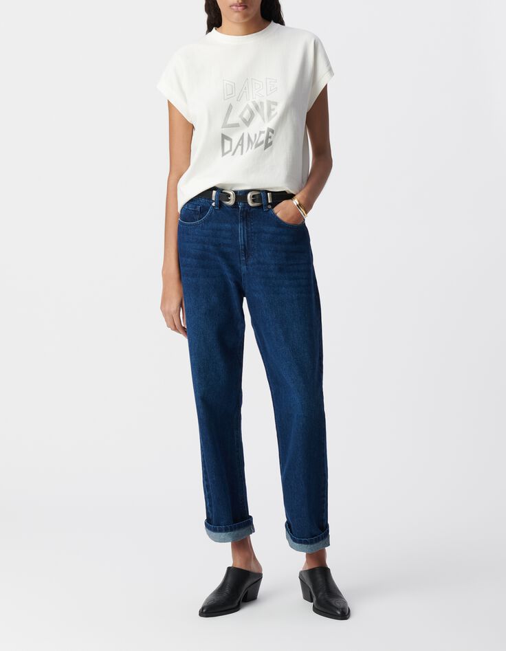 Tee-shirt col rond blanc message contours paillet&eacute;s-1