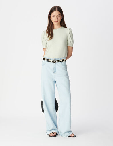 Women's green sequined round neck tee with gathered sleeves - IKKS