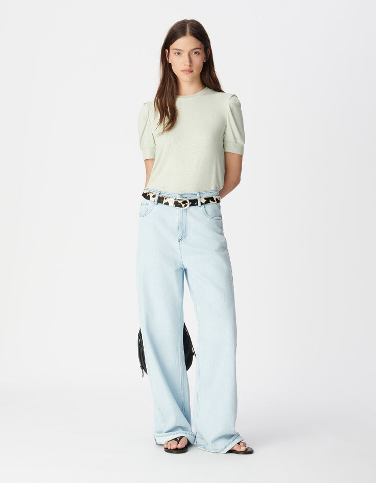 Women's green sequined round neck tee with gathered sleeves-1