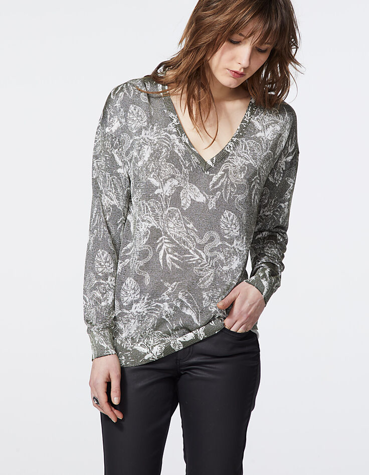 Pull col V imprimé tropical floral métallisé femme-2