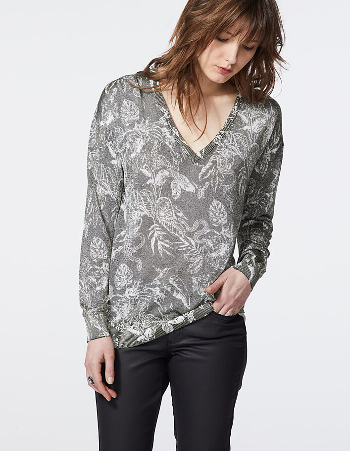 Women’s metallic floral tropical print V-neck sweater - IKKS