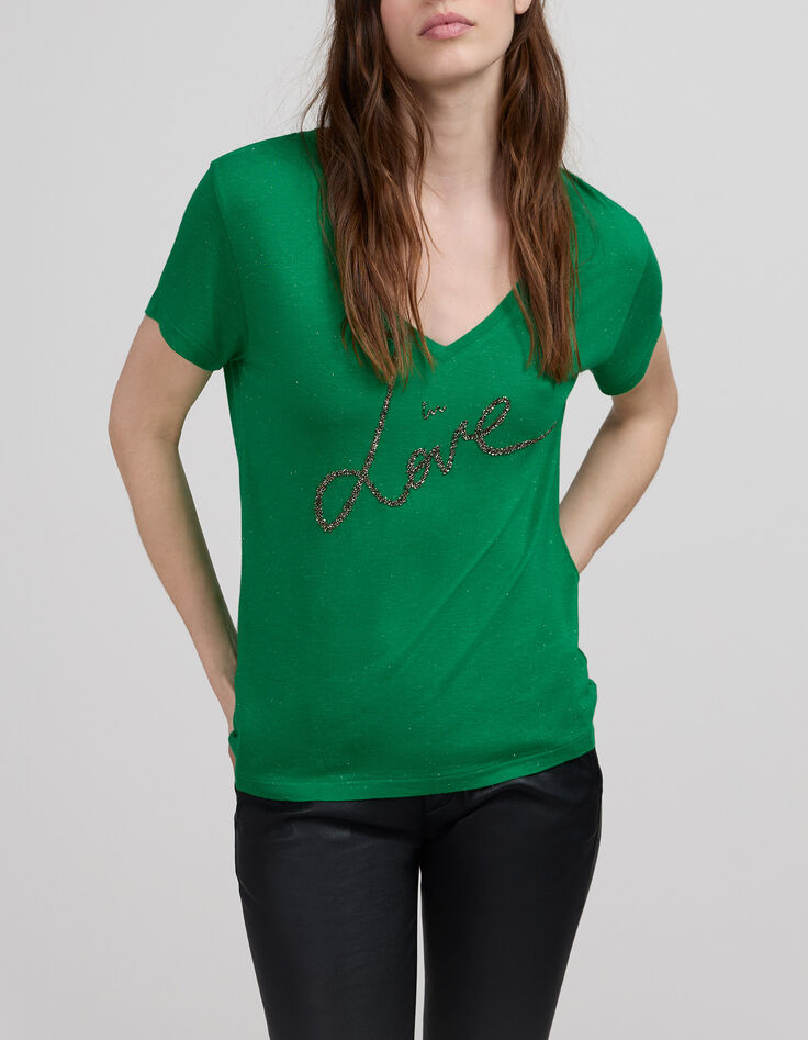 Mintgr&uuml;nes Damen-T-Shirt mit Schriftzug mit Perlen-2