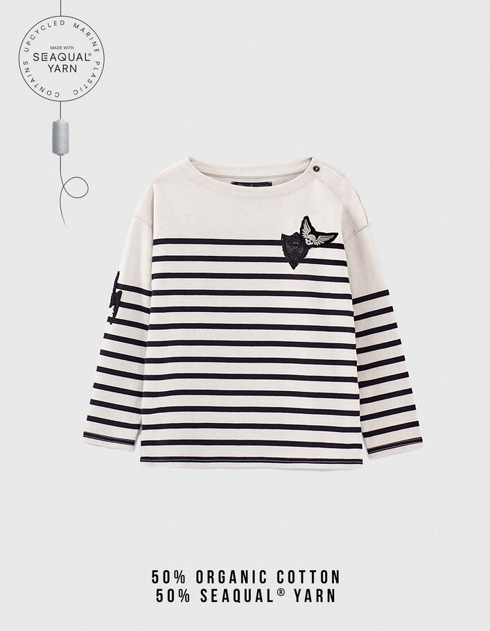 Girls’ ecru sailor top with black stripes and badges-1