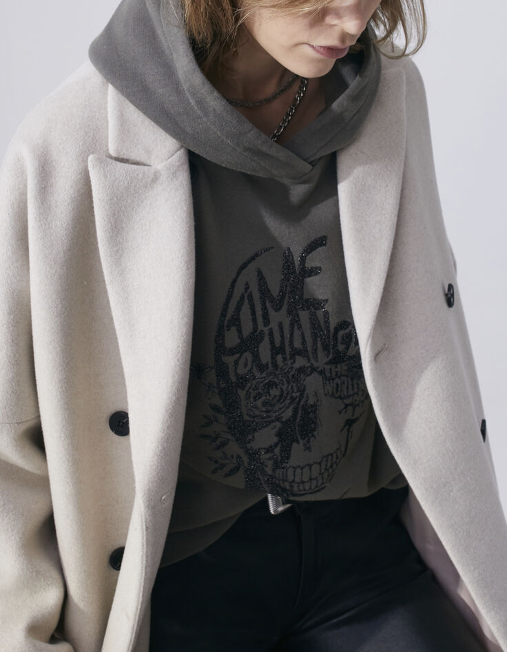 Sudadera con capucha caqui botones hombros calavera mujer-8