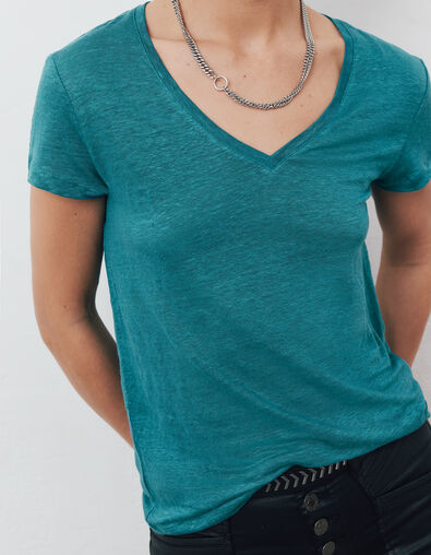Tee-shirt en lin col V coloris bleu éclair brodé dos femme - IKKS