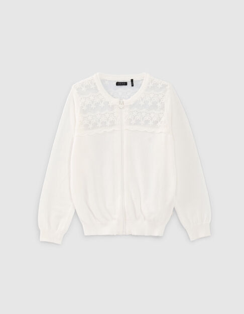 Cardigan blanc cassé tricot avec dentelle fille