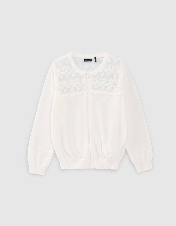 Cremewei&szlig;e M&auml;dchenstrickjacke mit Spitze-1