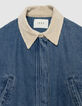 Women's blue denim jacket with ecru velour collar-3
