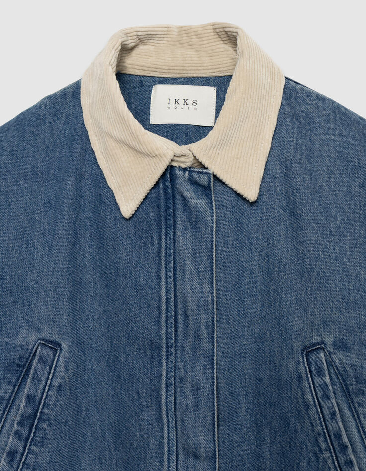 Women's blue denim jacket with ecru velour collar-3