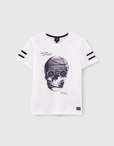 Boys’ white organic T-shirt with skull, radio and trainers - IKKS