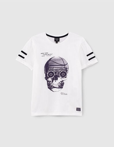 Wit T-shirt doodshoofd, radio en sneakers bio jongens - IKKS