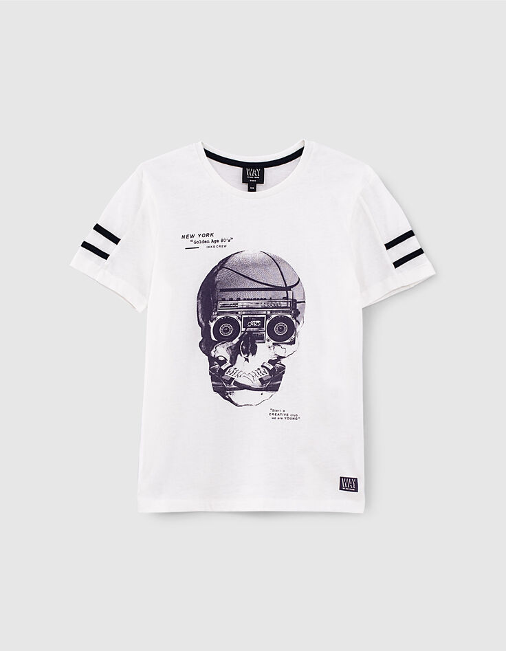 Weißes Jungen-T-Shirt mit Totenkopf, Radio und Sneakers-1 Weißes Jungen-T-Shirt mit Totenkopf, Radio und Sneakers-1