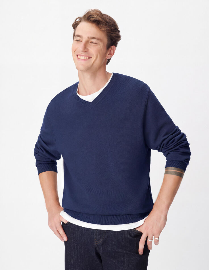 Marineblauwe herentrui met V-hals, 100% wol-5