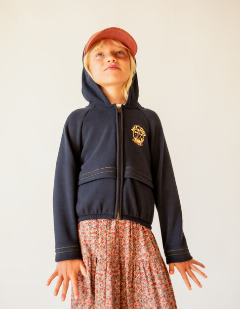 Girls’ dark navy hooded cardigan and gold stripes